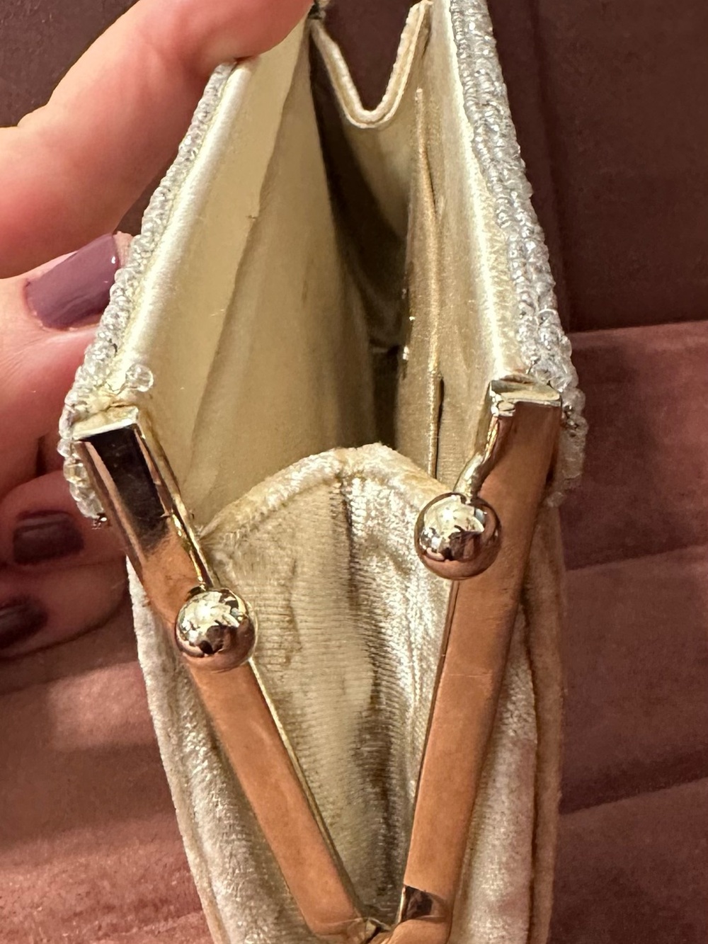 Badgley Mischka Champagne Velvet Beaded Evening Clutch | Made in Italy - Picture 3 of 8